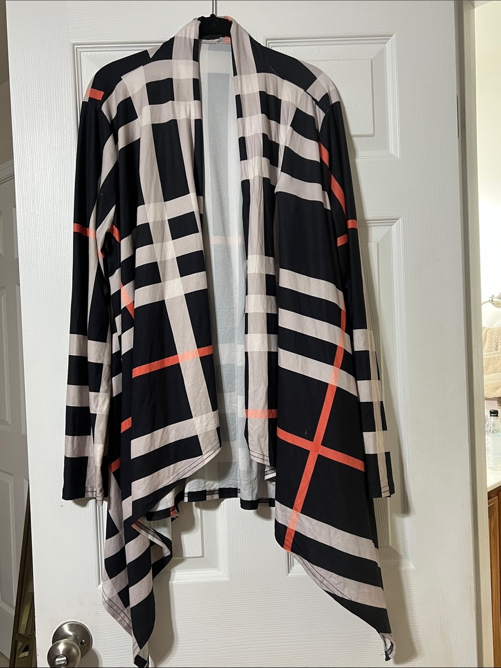 *No Tag* Black Plaid Drape Cardigan with Cream and Coral Stripes. Fits like a 2X